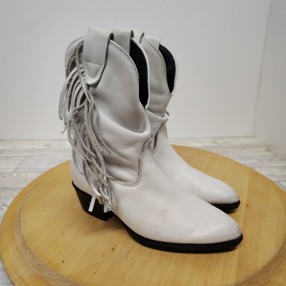 Vintage 80s White Fringe Leather Cowboy Boots Girls 11.5 Retro Cowgirl Dingo (F8 - Picture 1 of 17